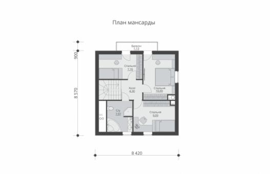 Одноэтажный дом с мансардой, террасой и балконом